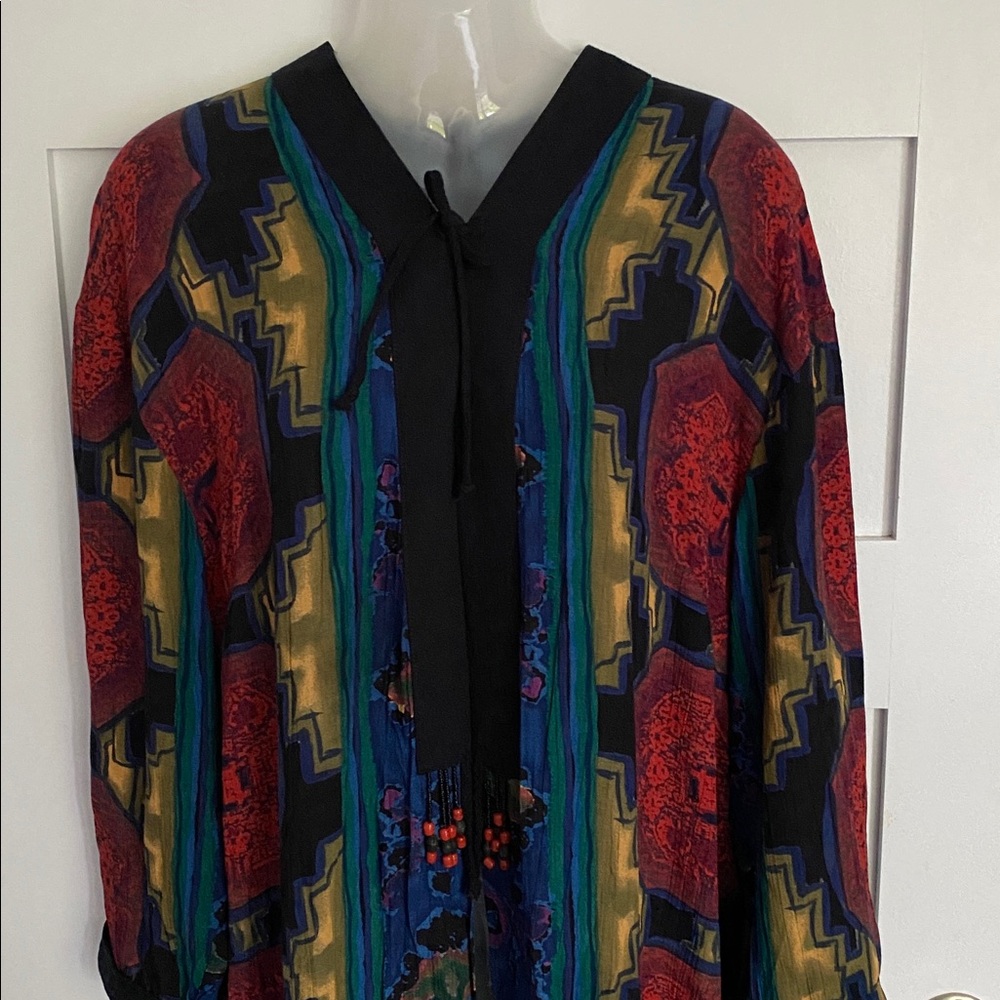 Vintage Carole Little Boho Kimono Duster German Rayon Material Ties w Beads 14